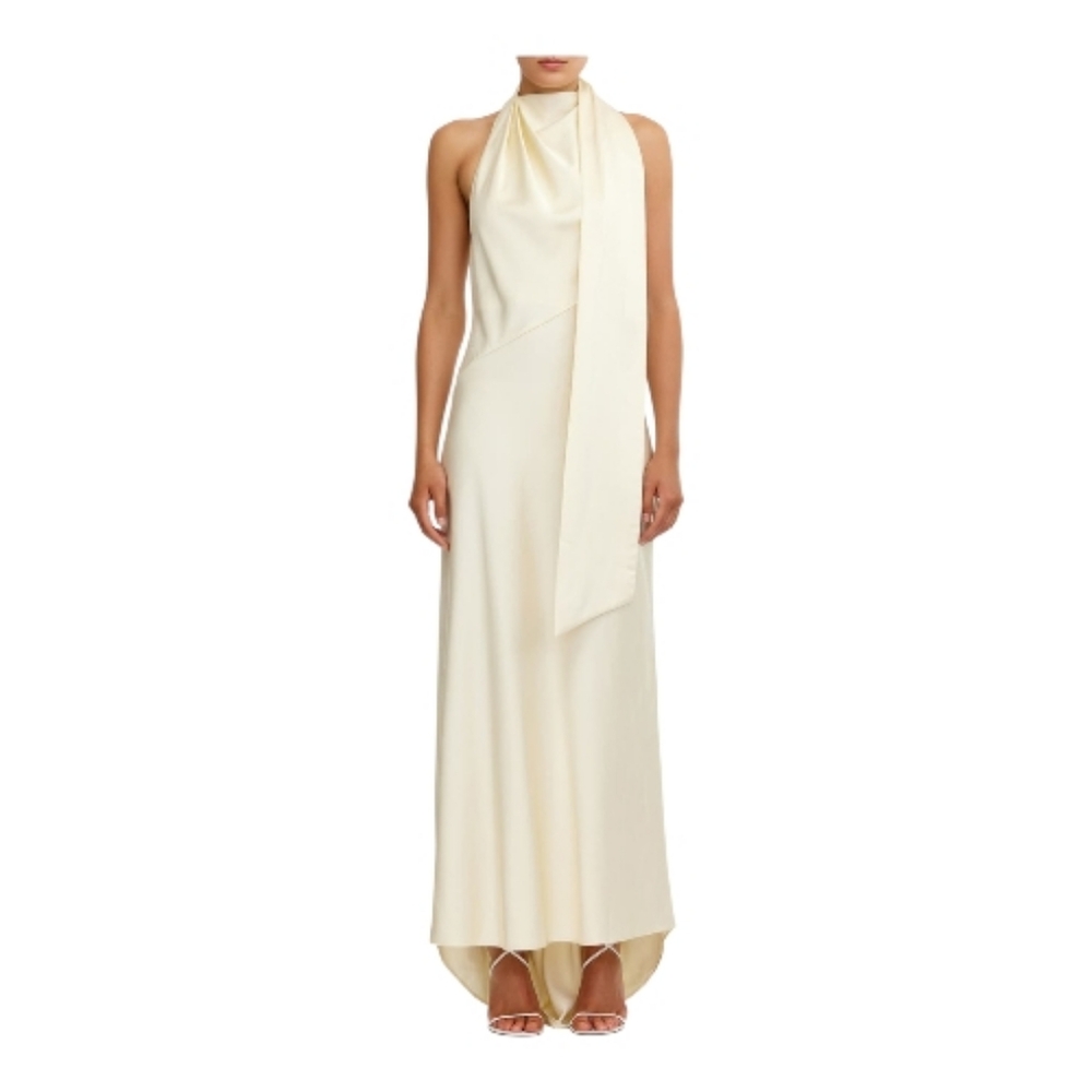 Significant‎ Other Adriana Open Back Satin Halter Gown In Pearl
